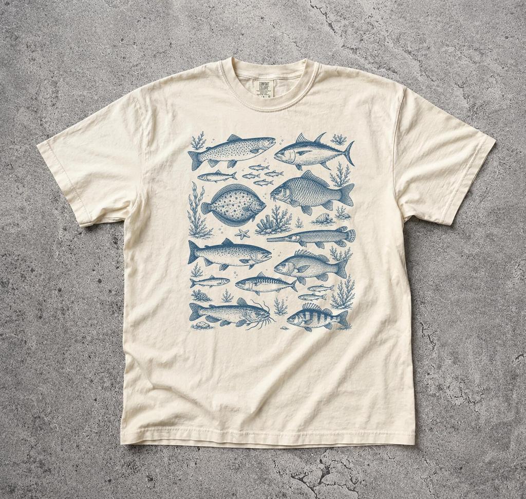 T-shirt Stile Tatuaggio Pesce Vintage, Maglietta da Pescatore Retro Comfort Colors