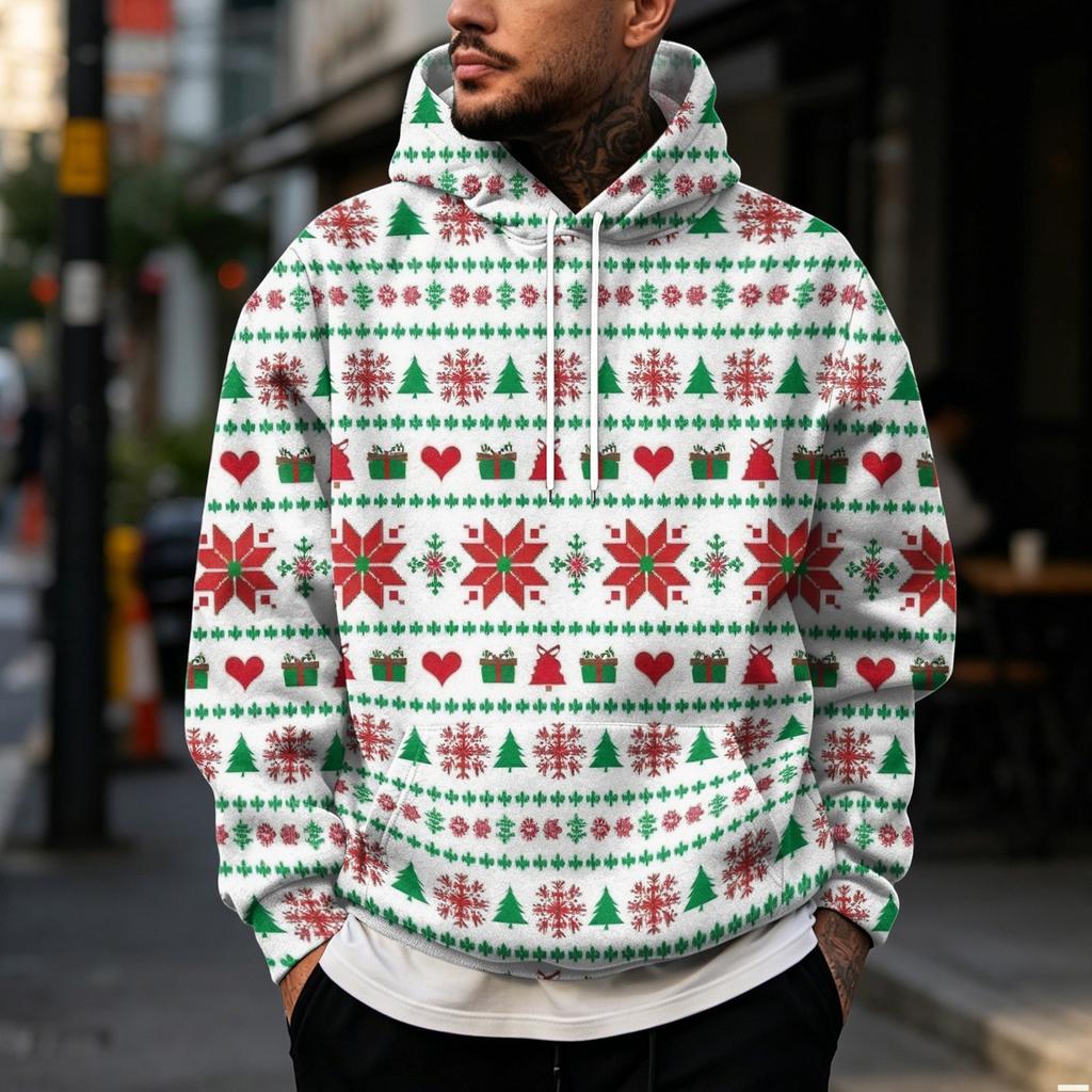Men's Casual Loose Fit Hooded Sweatshirt with Christmas Print and Large Pockets