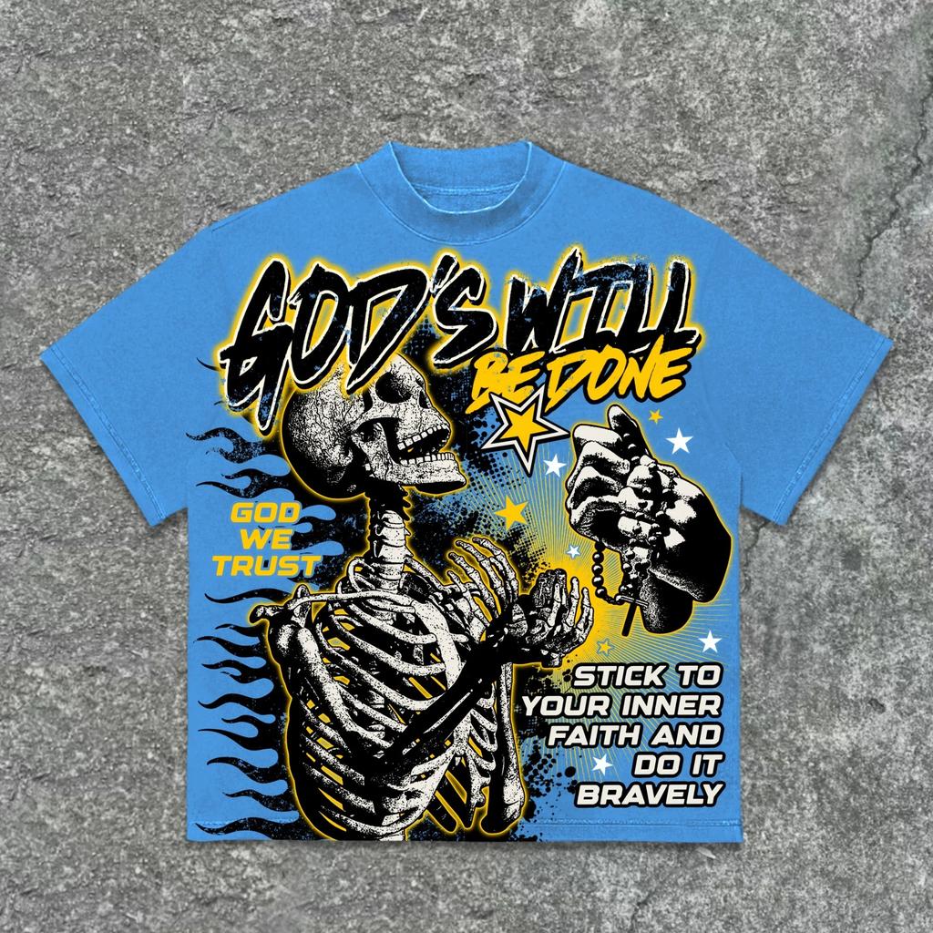 Hot American Retro God's Will Skull Retro Pattern Graphic Print T-shirt Men Women Loose Casual Oversized Top Streetwear Hip Hop Fashion Summer New Tee