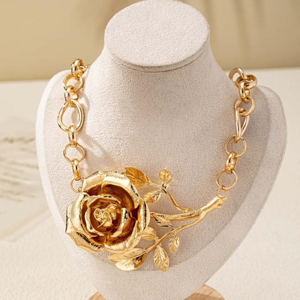 Coarse Exaggerated Flower Necklace Luxury Neck Chain Brilliant Metal Rose Necklace  Daily