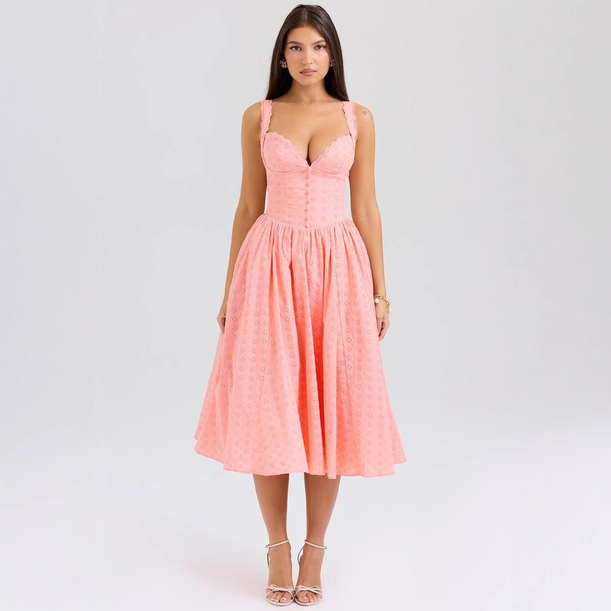 

European and American new solid color embroidery soft mesh yarn heavy industry sexy slim suspender dress S