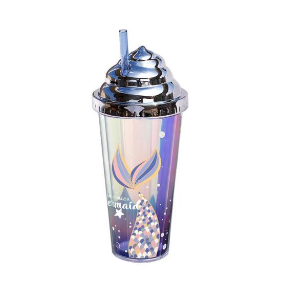420ml Water Cup with Straw Double Wall Heat Insulated BPA Free Leak-proof Drinkware Plastic Mermaid Pattern Sippy Cup for School