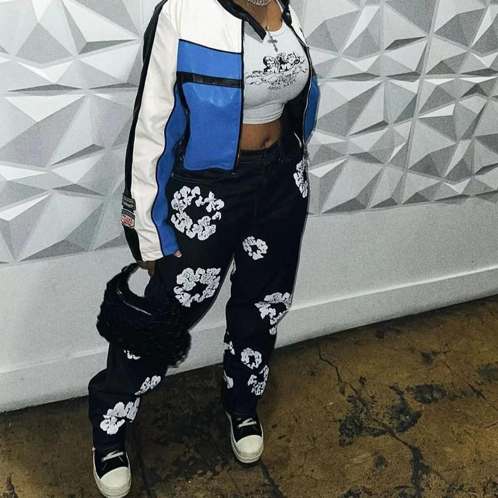 Unisex Y2K Kapok Muster Jeans Retro Street Bedruckte Lange Denim Hose Revers Knopf Jeans Straight Pants Damen Freizeithose