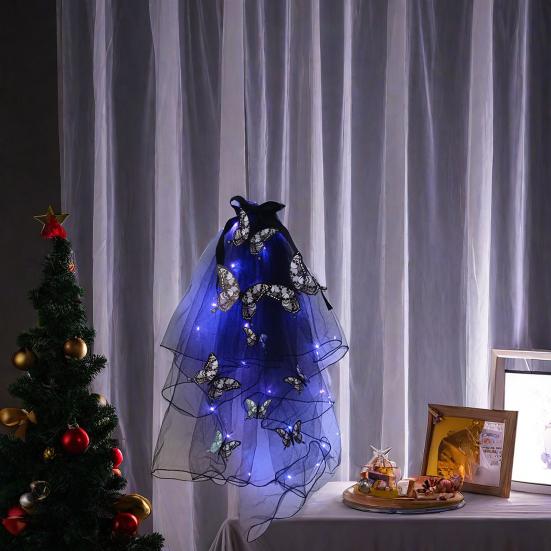 LED Skull Gothic Hairveil Luminous Headband Veil Hairpin with Butterflies Women Ghost