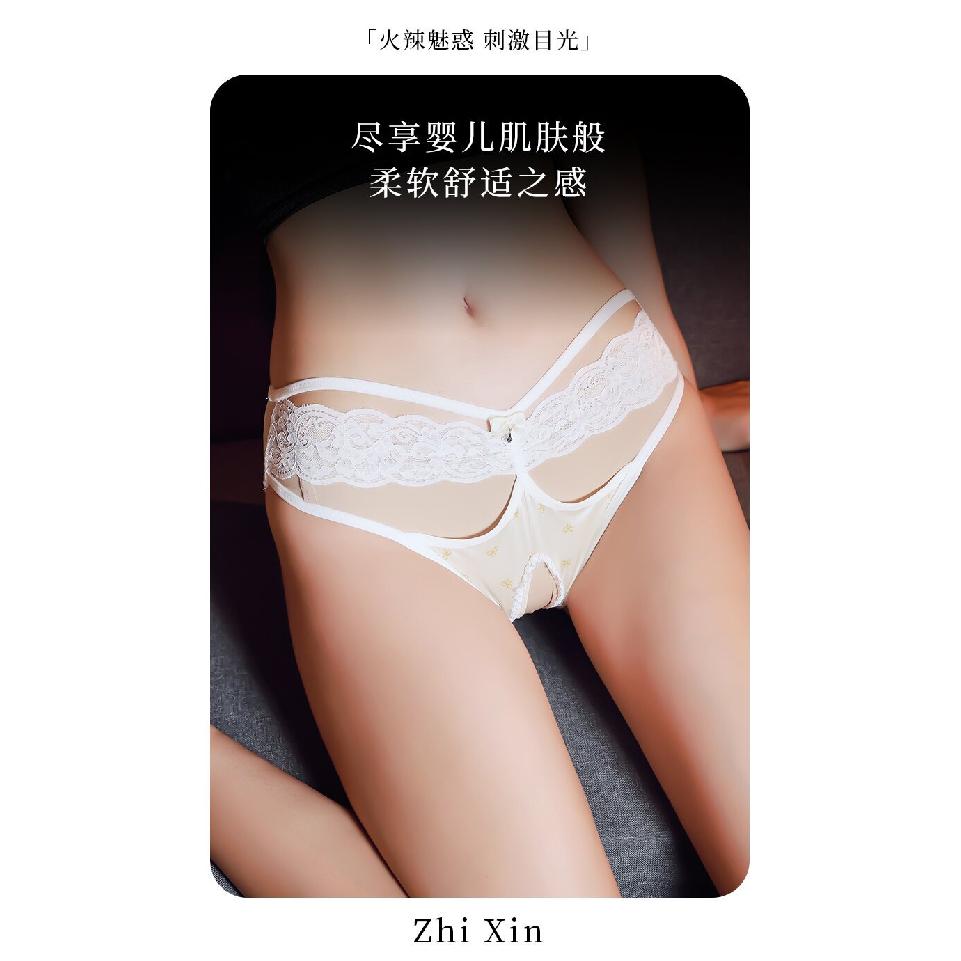 Sexy open-crotch panties, lace and satin hollow-out design, sweet and alluring, seductive and flirtatious, no need to remove, hot mesh triangle