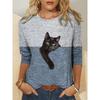 Color Block Printed Long Sleeved Casual Daily Basic Retro Round Neck 3D Cat Printed Women's T-shirts - Soft Medium Stretch Relaxed Fit Clothing