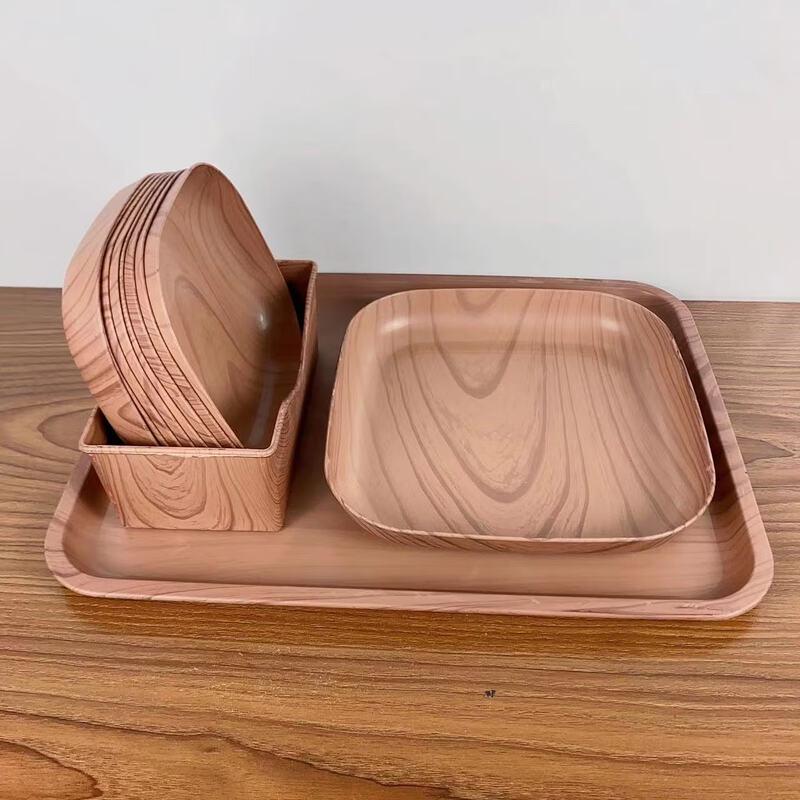 ZISIZ Creative Plastic Wood Grain Dining Tray and Plate Set