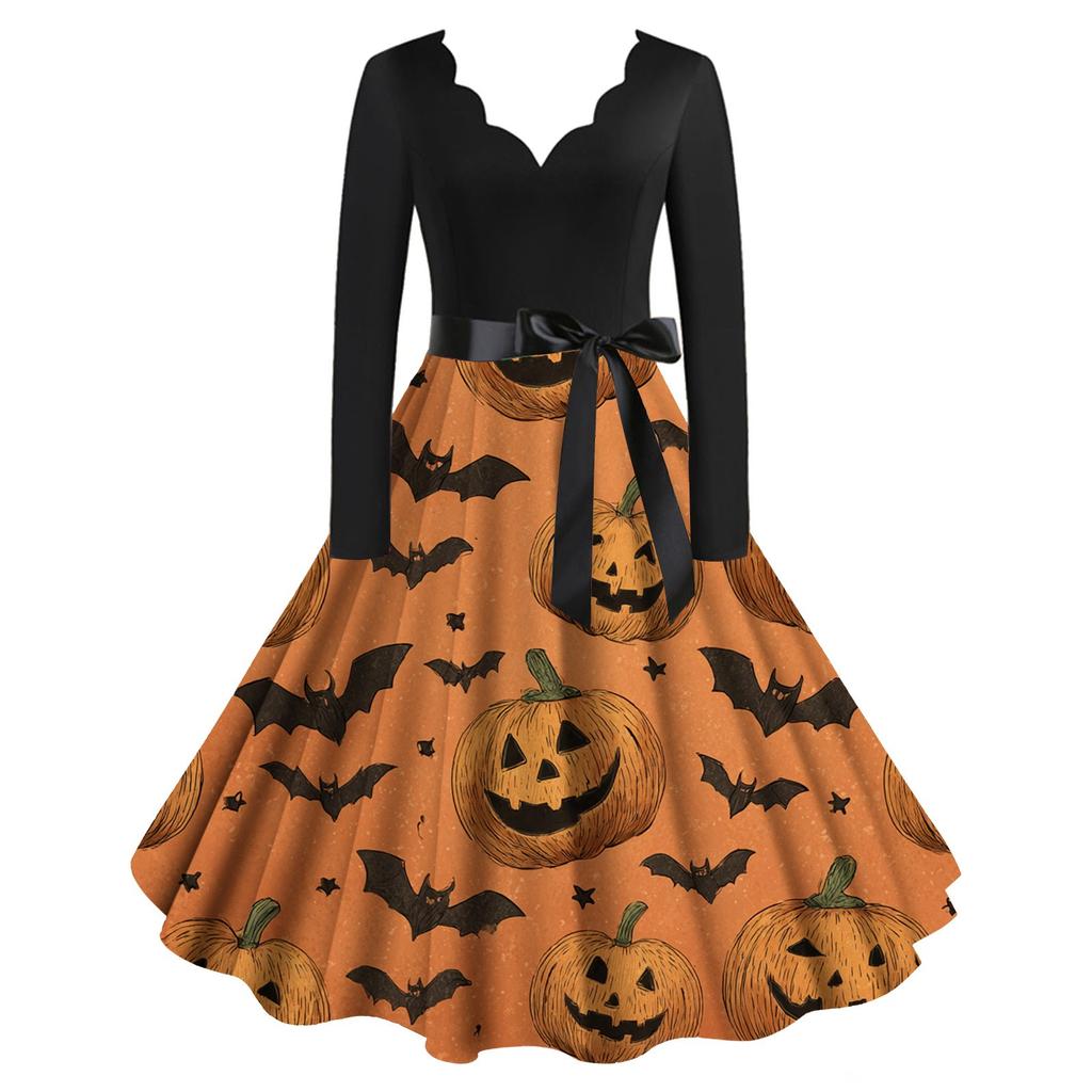 Halloween Print Flare Dress For Damer Langermet Kjole Fritidskjoler