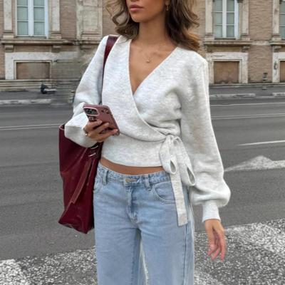 Top de punto acanalado con cuello en V cruzado para mujer - Otoño/Invierno Irregular con lazada Elegante de manga corta