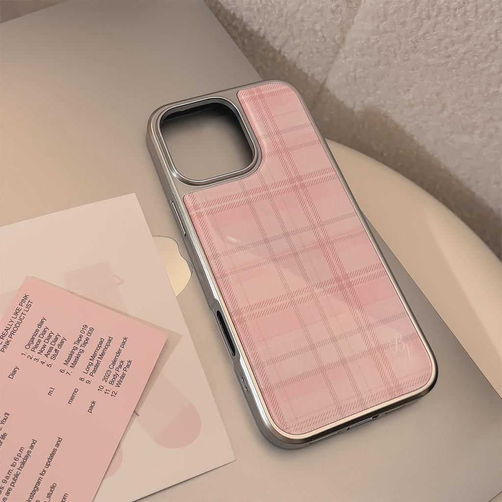 Pink Plaid Suitable for iPhone 16, 17 Pro Max, 14, 13, 15, Korean Sweet Style, Huawei Hard Case