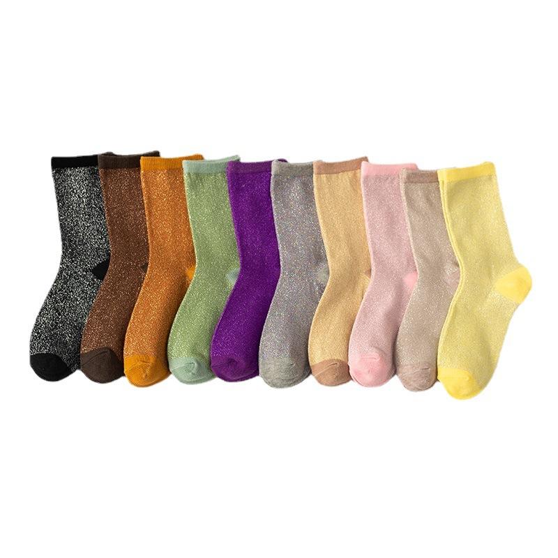 Colorful Japanese Style Metallic Thread Glitter Sparkle Crew Socks Shiny Pearl Black  Pink Cute Kawaii Gift Designer Christmas