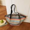 Women's Large Straw Woven Striped Tote - Single Shoulder Crossbody Bag, Casual Travel Handheld Shell Shape