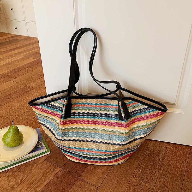 Women's Large Straw Woven Striped Tote - Single Shoulder Crossbody Bag, Casual Travel Handheld Shell Shape