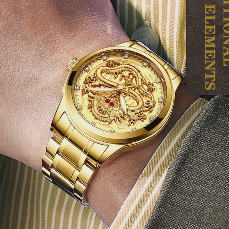FNGEEN Men's Watch Light Luxury Relief Golden Dragon Watch Waterproof Diamond Inlaid Ruby Mens Quartz Watch