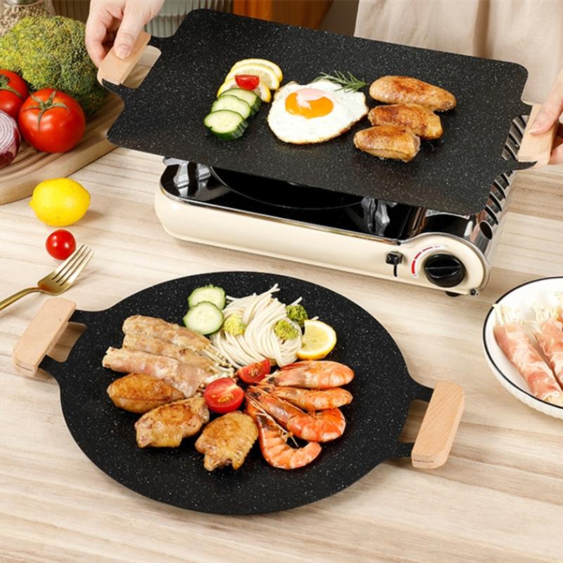 Koreansk utendørs stekepanne Non Stick BBQ Grill Stekepanne med avtagbart trehåndtak Reisecamping Grillplate