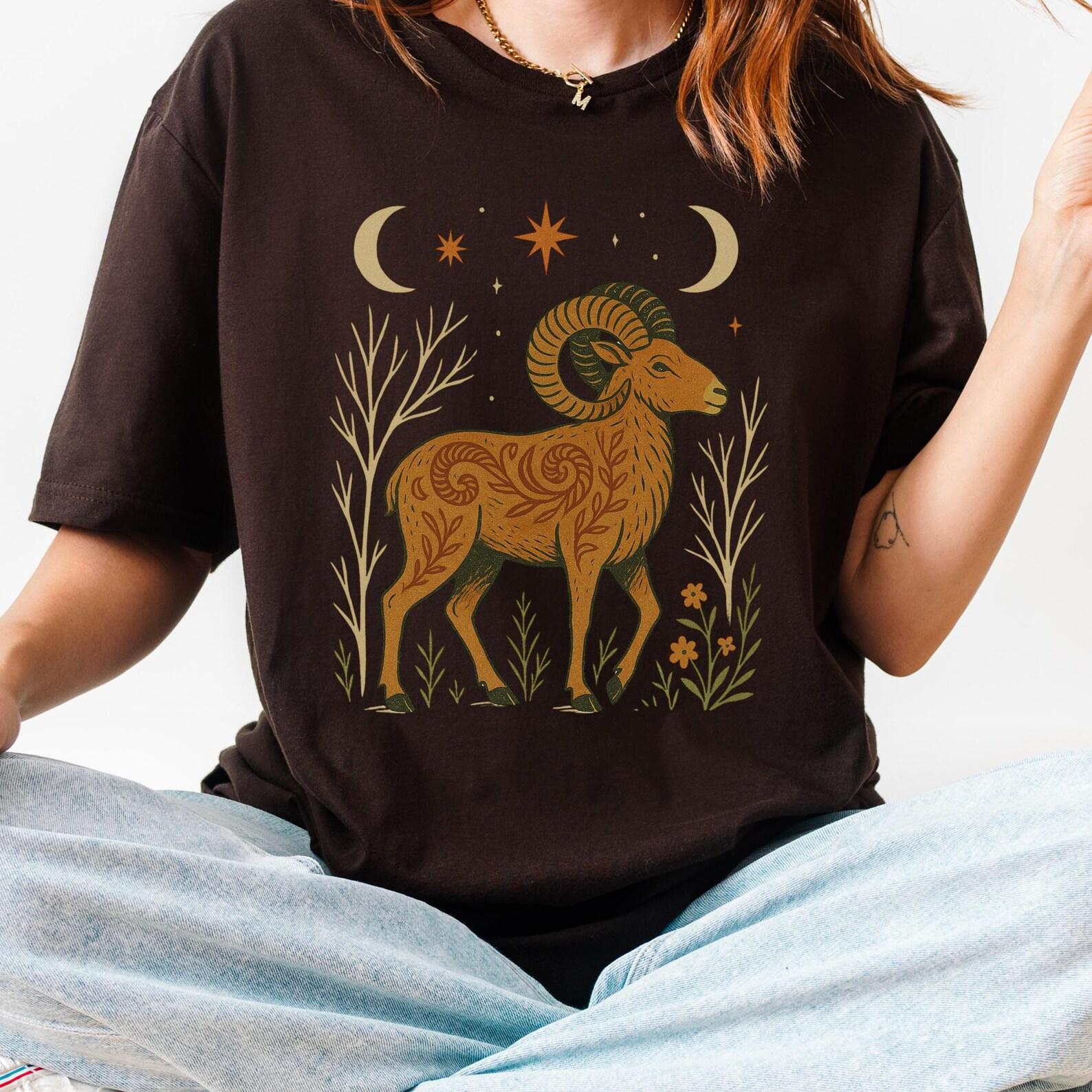 Aries Zodiac Ram T-Shirt: Folk Art Astrology Constellation Tee S