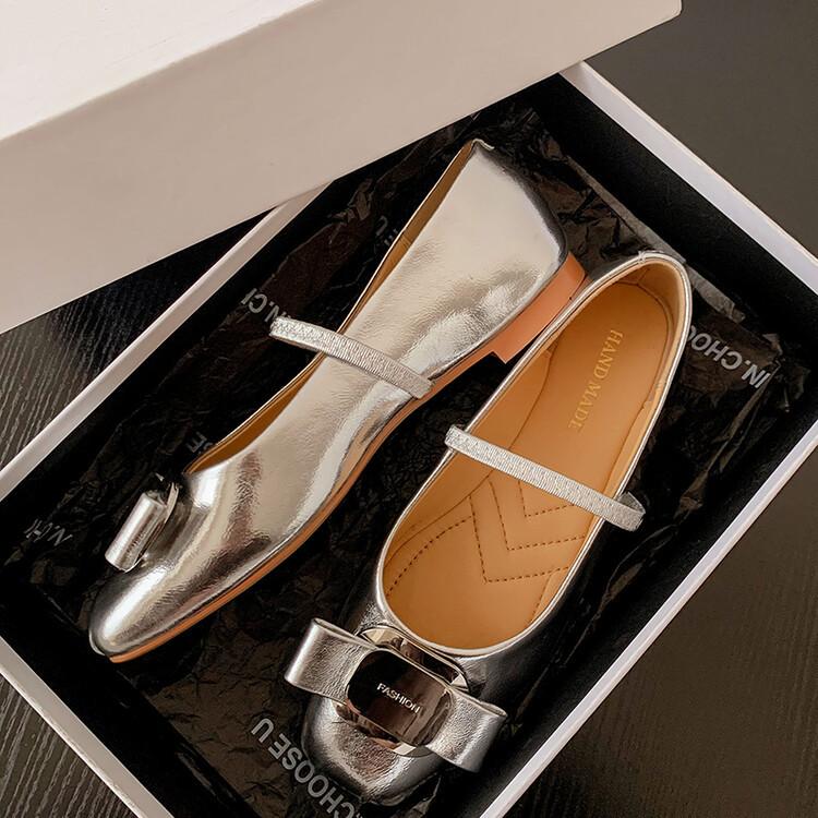 Super soft~ Leather Mary Jane shoes square head bow ballet shoes super soft lambskin single shoes 2025 spring 34 серебряный