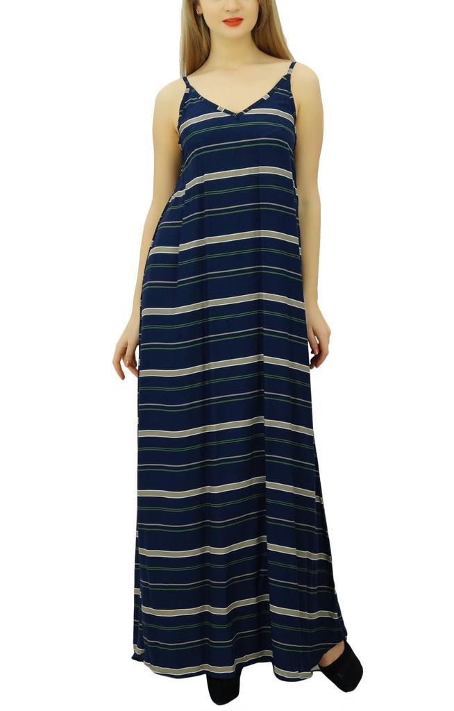 Bimba Women's Navy Blue V Neck Spaghetti Straps Maxi Dress Beach Wear