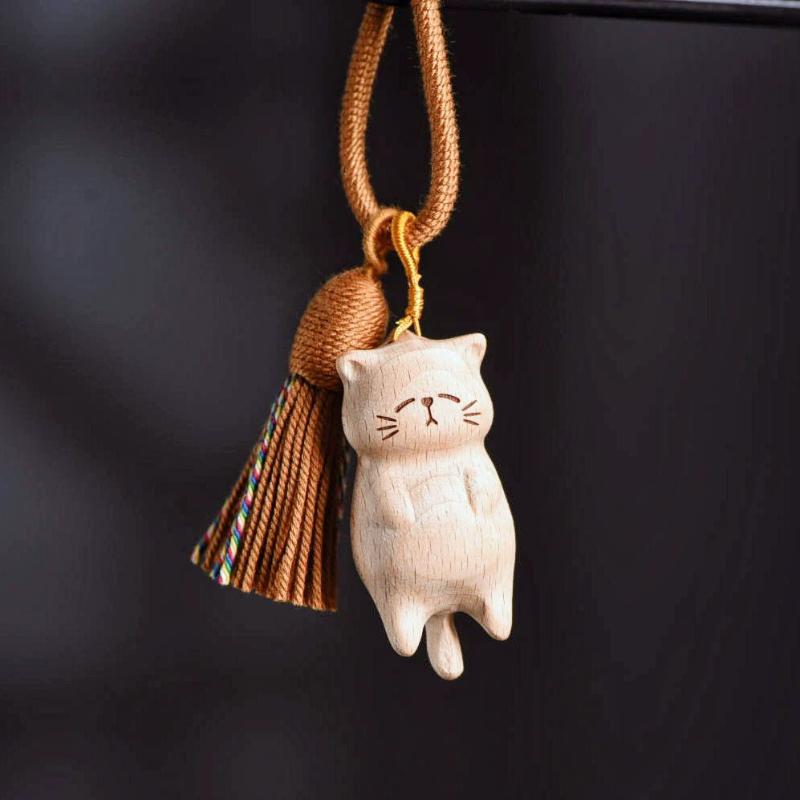Retro Wooden Cat Keychain Hand Carved Cute Kitty Bag Pendant Decor Car Keyring For Women Couple Jewelry Accessories Gift