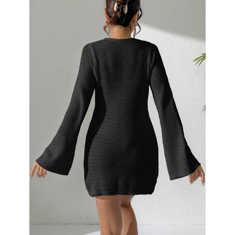 Women Sexy Deep V Hollow Out Long Flare Sleeve Crochet Flower Bodycon Mini Beach Cover Up Dress