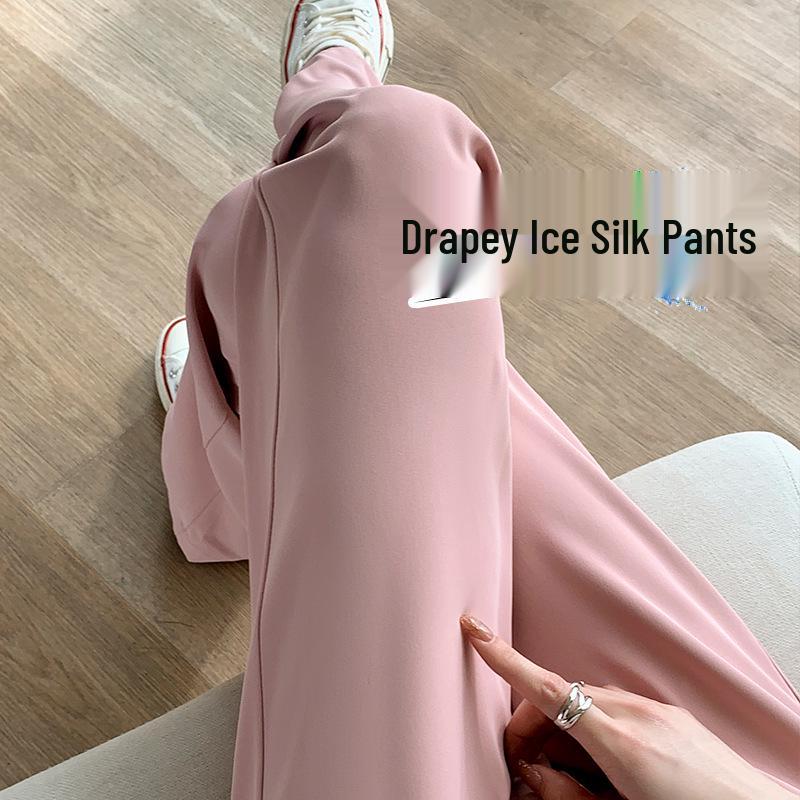 Women's 145cm Pink Ice Silk Wide-Leg High-Waist Pants - Petite, Summer, Thin, Straight Leg.