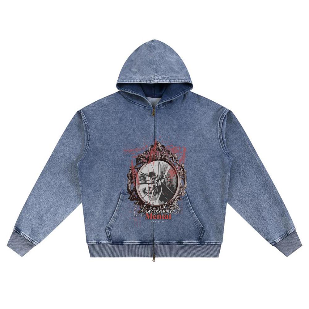 DTG print Knitted Denim Zip-Up Hoodie Unbreakable Mental Brother Print Zipper Hoodies  