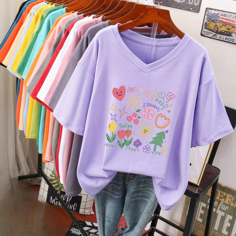 Kurzärmeliges T-Shirt, Locker sitzend, Schlankmachendes bedrucktes V-Ausschnitt-Top für Damen