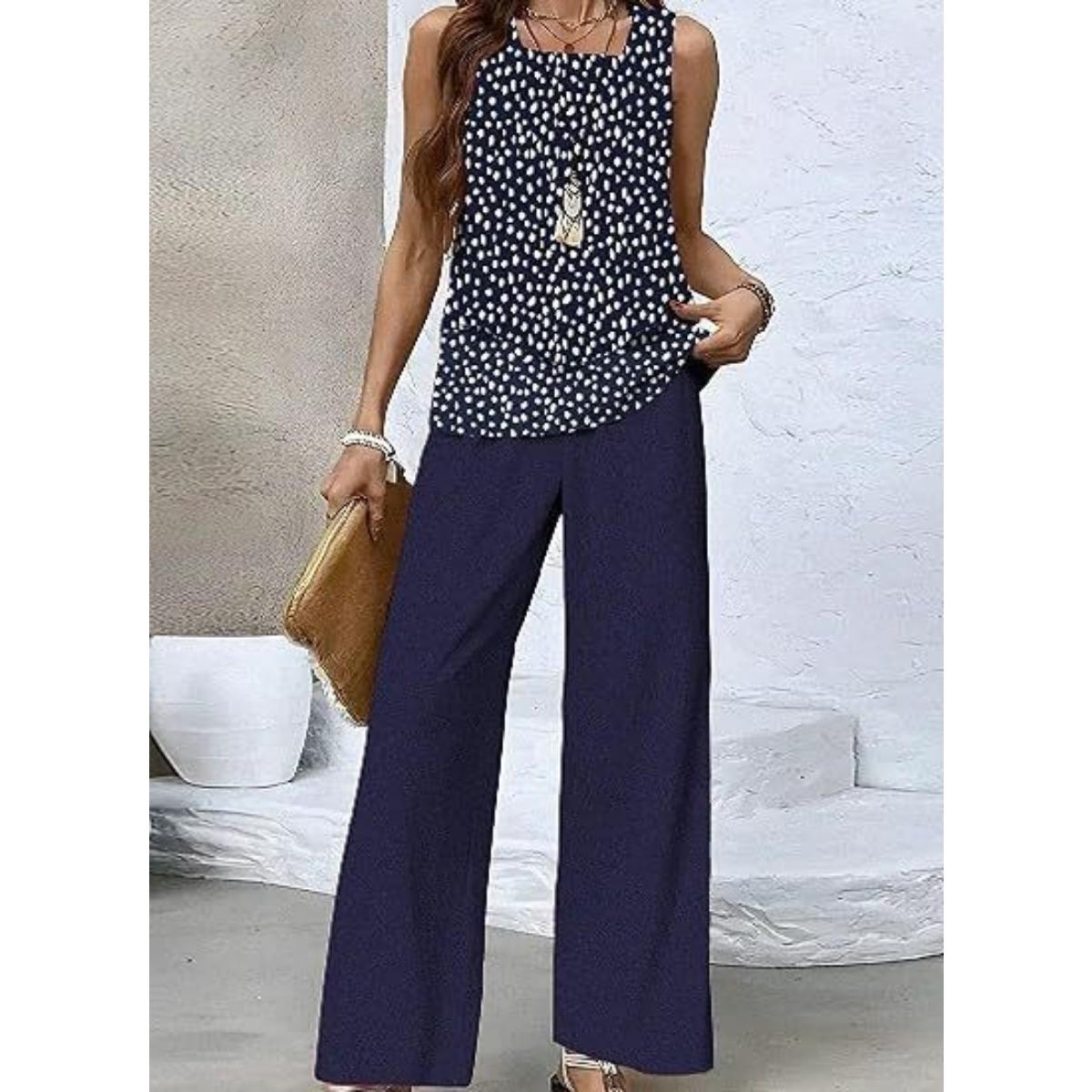 Nový štýl Textúrovaná rastlinná potlač s prúžkami Štvorcový výstrih Dvojvrstvová vesta bez rukávov Rovné nohavice Ležérny pohodlný vestový oblek 3XL