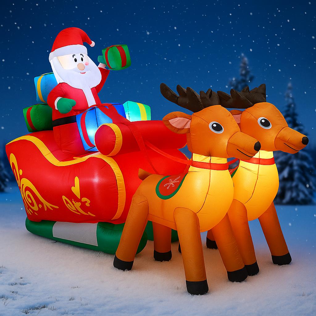 5.91FT Inflatable Santa Reindeer Sleigh Toy LED Lit Festive Gift Xmas Yard Party Decoration Christmas Supplies Home Ornament