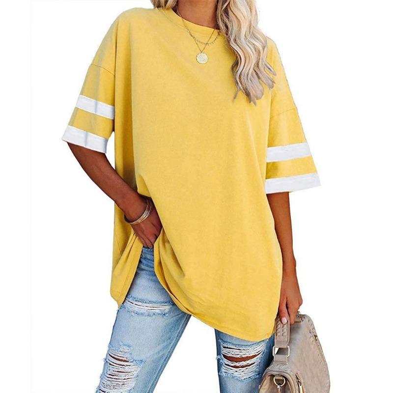 Women's Loose Half-sleeve Round Neck Colour Clashing Drawstring T-shirt