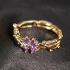 Cute Romantic Purple Four Leaf Zircon Flower Adjustable Rings for Women New Charm Gold Stainless Steel Finger Jewelry Gift