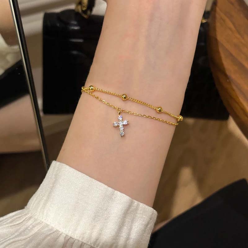 Gold Cross Chain Bracelet For Women Girls Exquisite Crystal Double Layer Adjustable Charm Bracelet Jewelry Gifts