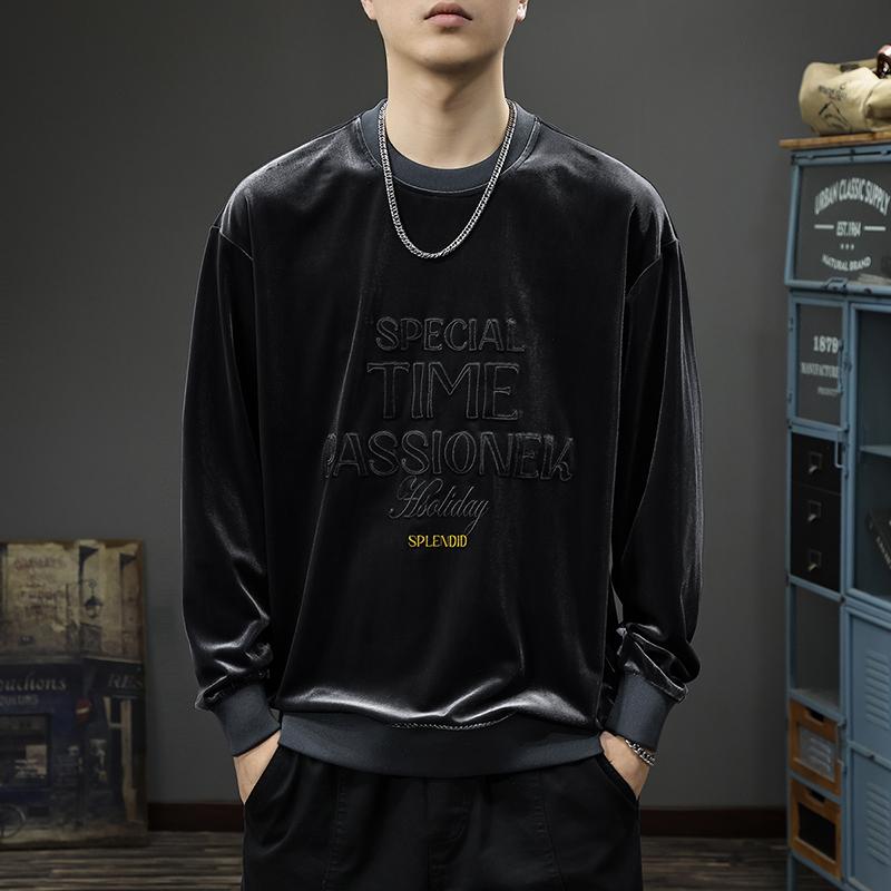 

Осенний тяжелый бархатный трехмерный вышитый свитер, мужская свободная рубашка большого размера с круглым вырезом, американский ретро-трендовый топ 4XL чёрный