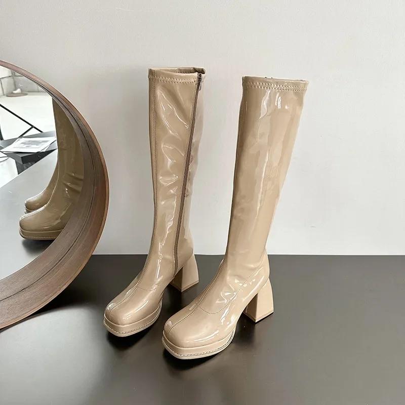 Dámské robustní platformové kozačky s vysokým podpatkem, čtvercová špička, černé lakované kožené kozačky nad koleno, dámské podzimní silné vysoké podpatky, punkové boty