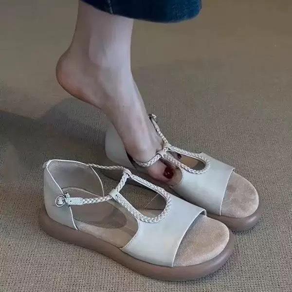 

Sheepskin version French retro style round head woven open-toed sandals women s summer wear casual stepping on shit soft-soled Roman shoes 40