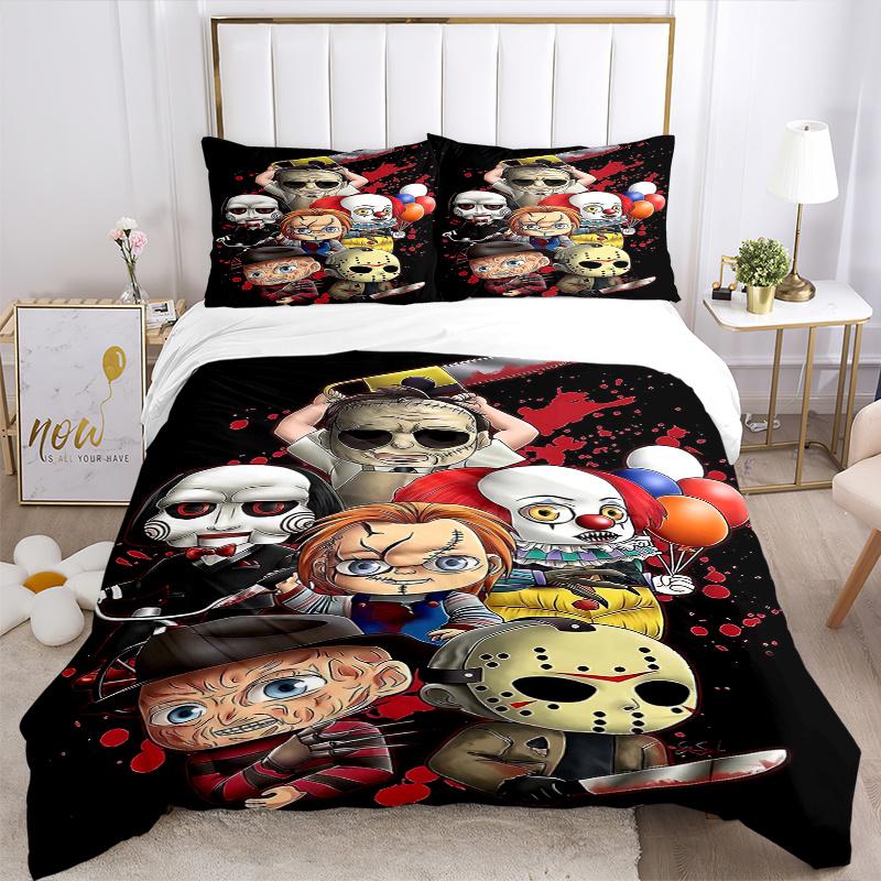 3pcs Horror Icons Printed Quilt Set - Includes 1 Quilt Cover and 2 Pillowcases, Machine Washable - Suitable for All Seasons.C054