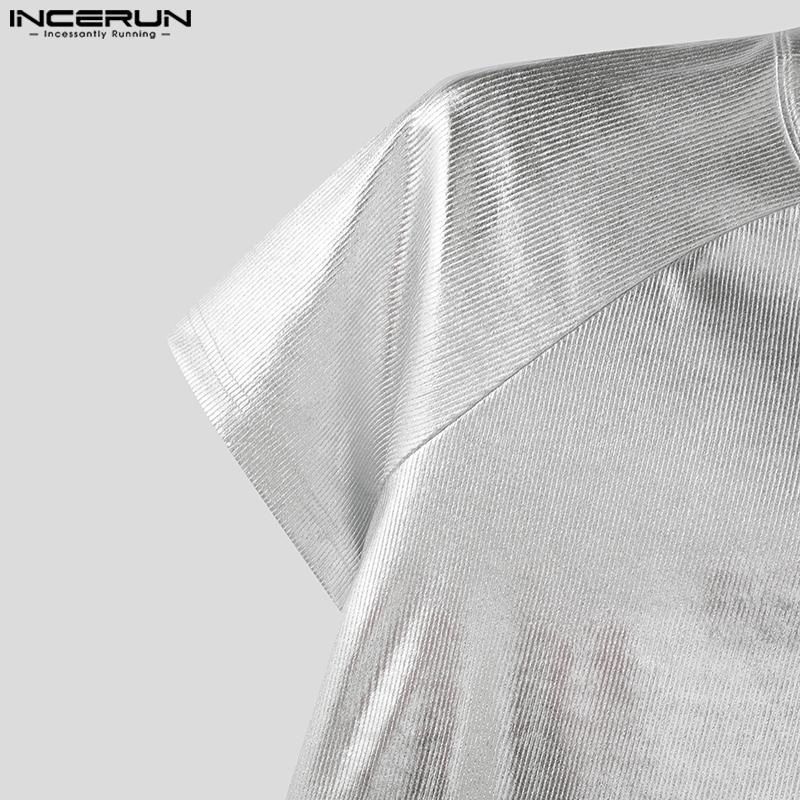 INCERUN Summer Men O Neck Short Sleeve Glitter Casual Fitted T-shirts Tops