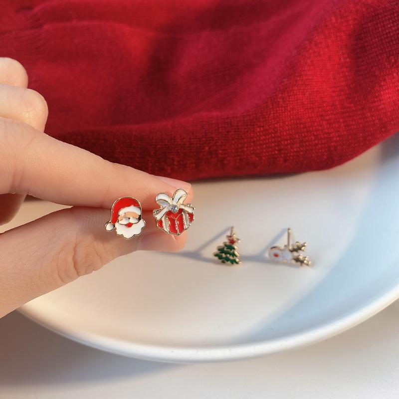 4 Pcs/set Cute Small Enamel Christmas Earrings for Women Trendy Santa Claus Elk Xmas Tree Stud Earrings Girls Party Jewelry Gift