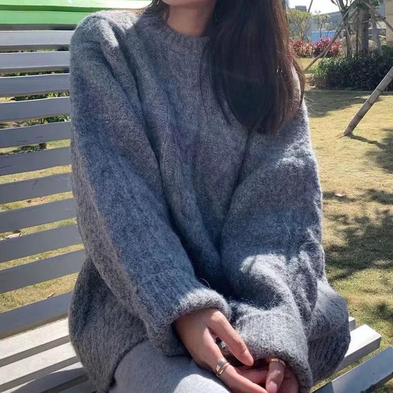 Solid color twist sweet and gentle round neck pullover sweater women's autumn and winter new fashion age-reducing knitted sweater top