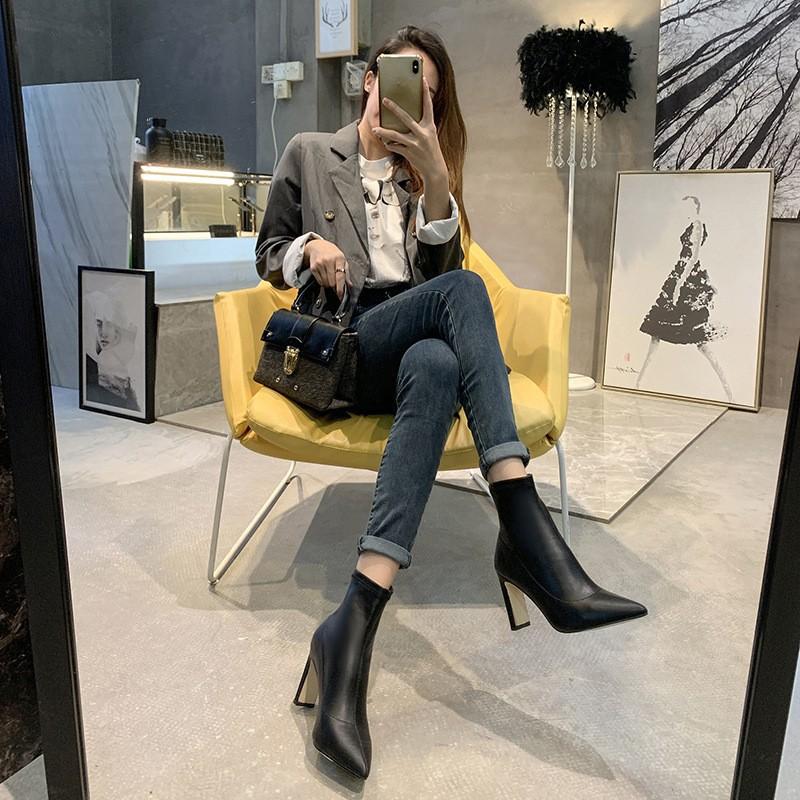 Autumn And Winter Tide Short Boots Thick High Heel Single Boots Pointed Black Elastic Martin Boots Skinny Legs Socks Boots Women