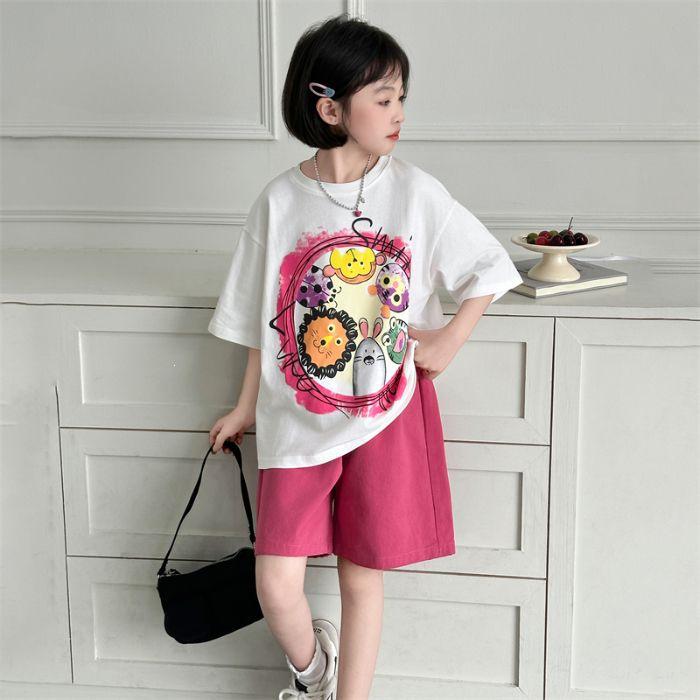 2026 Girls Cartoon Print Summer Sport Set: Cute Short Sleeve & Shorts 140 cm