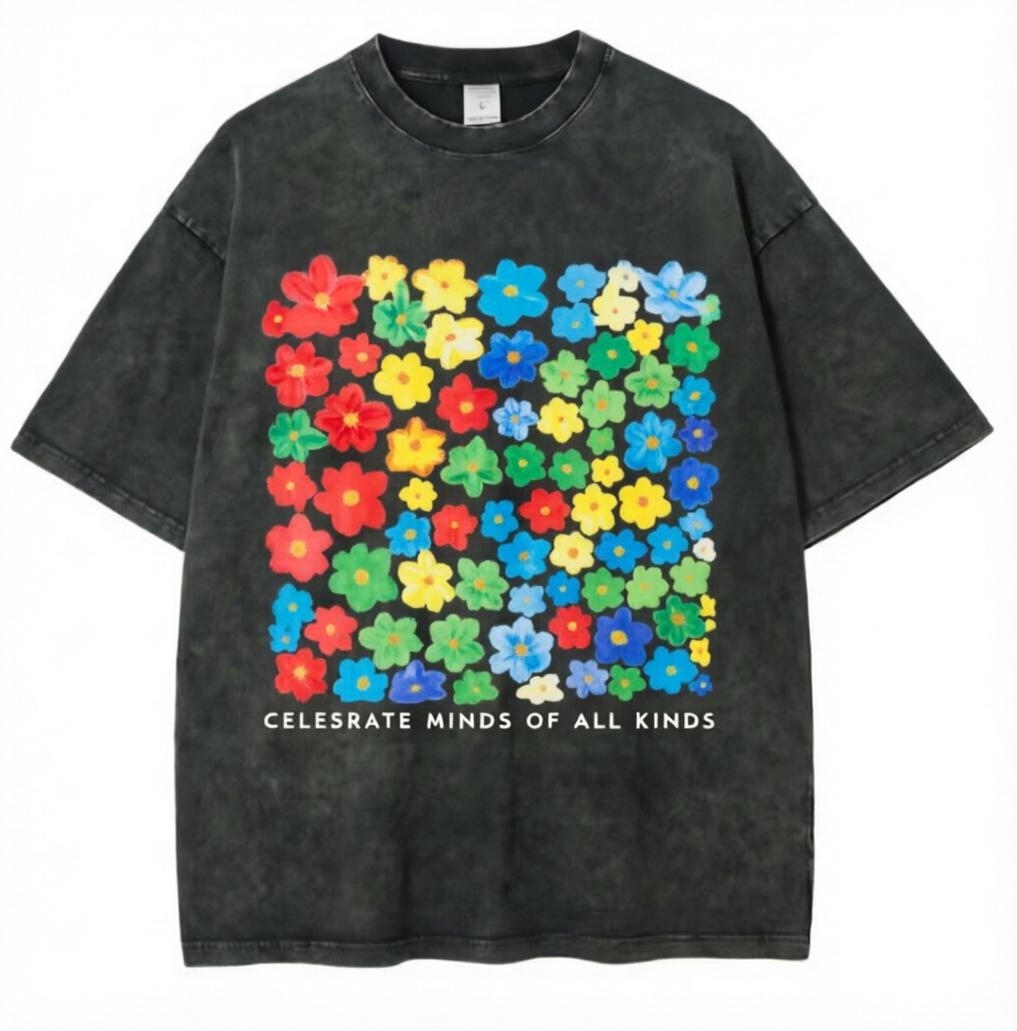 2026 new Washed Cotton Tshirt with Colorful Flower Print Casual Streetwear Top 2XL