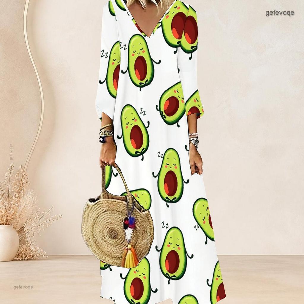 Women Plus Size V Neck Three Quarter Sleeve Palm Print Gradient Long Dress