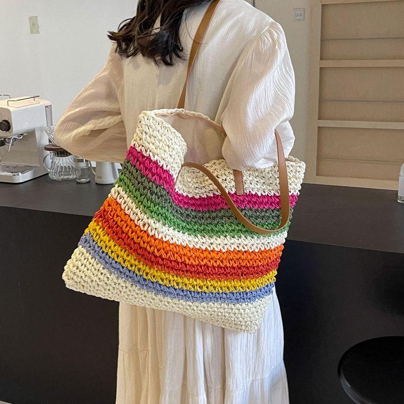 New Rainbow Contrasting Stripes Hand-woven Straw Bag Casual Versatile Seaside Vacation Shoulder Bag