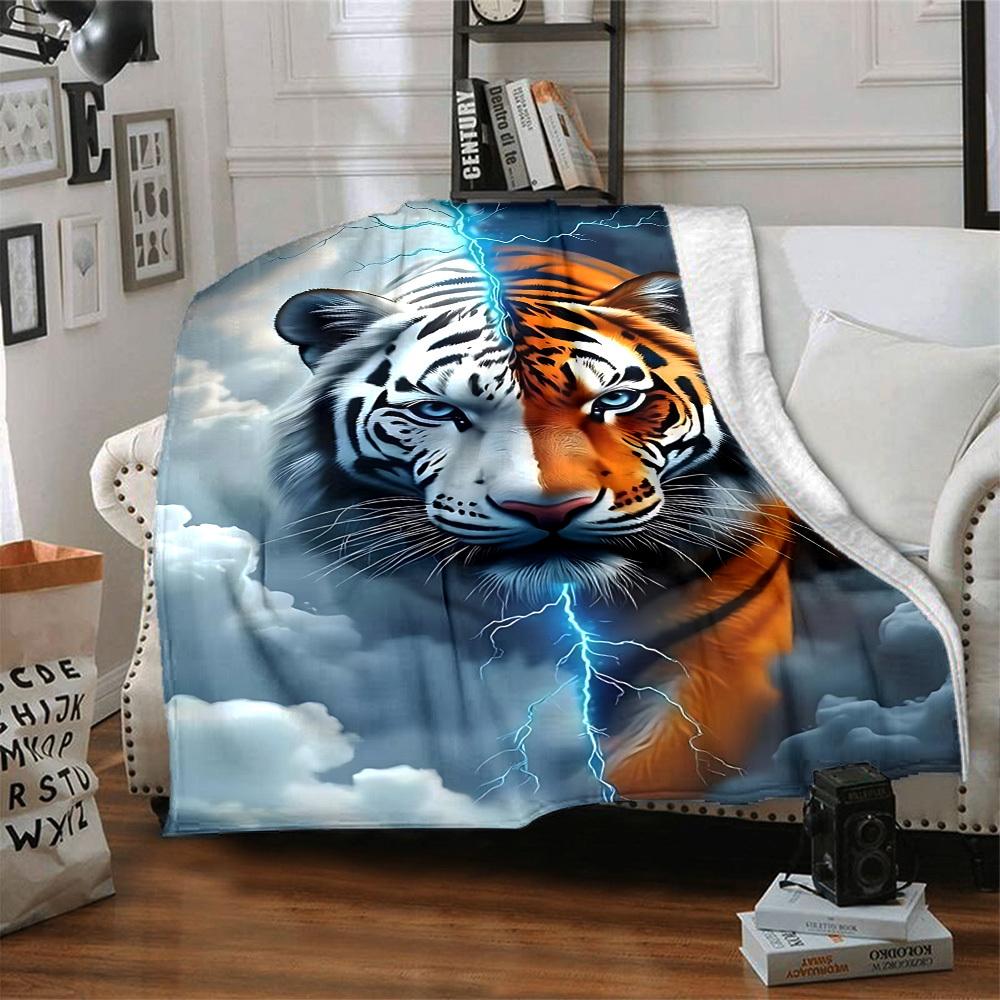 1pc Tiger Lightning Print Blanket Lightweight Flannel Blanket Throw Blanket For Sofa, Bed, Travel, Camping, Livingroom, Office, Couch, Chair, And Bed