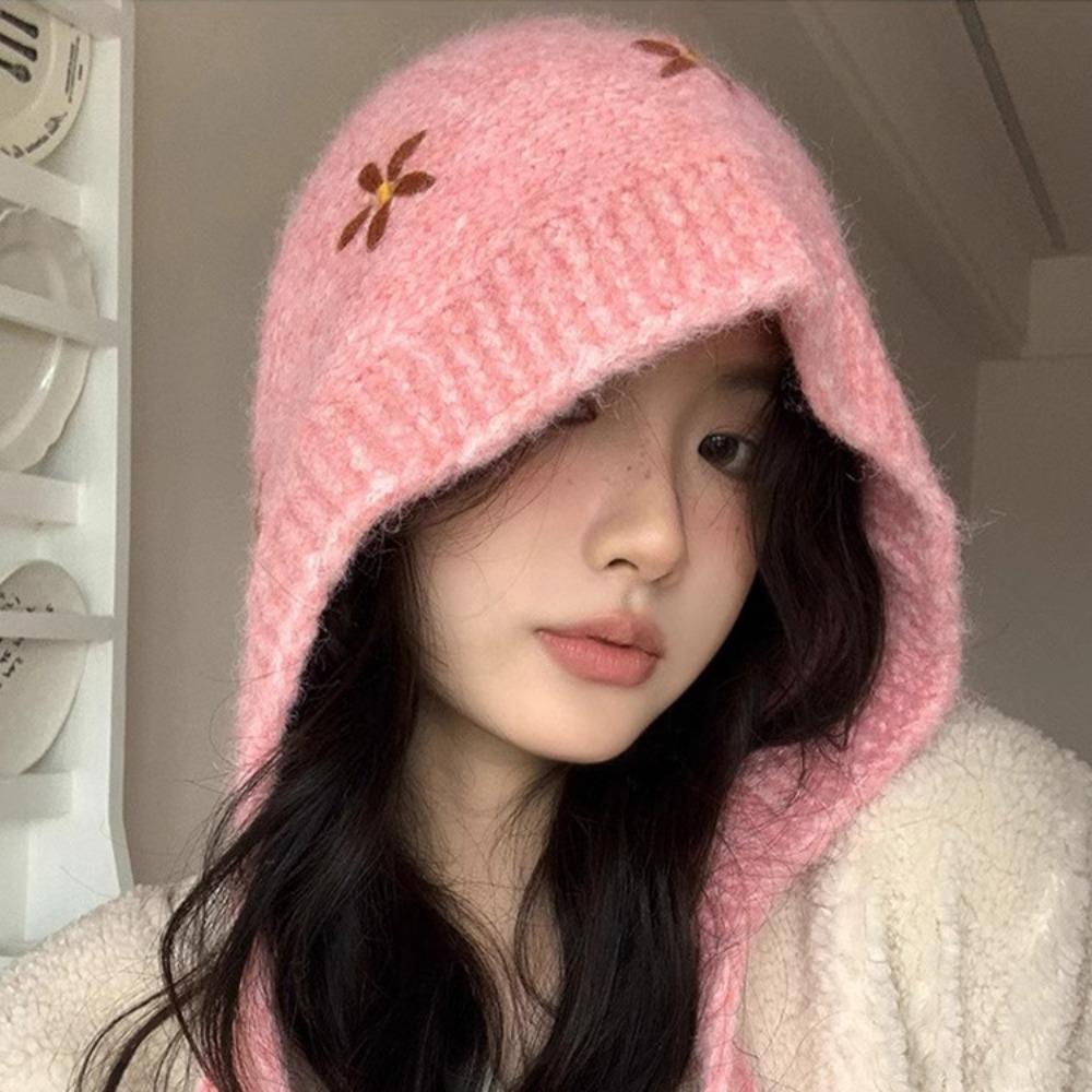 Sweet Knitted Balaclava Hat Embroidered Flowers Pullover Cap Casual Neck Collar Beanies Cap Girls