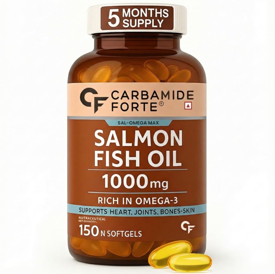 

Carbamide Forte Salmon Omega 3 Fish Oil Capsules 1000 mg Extra Virgin Non Coated Daily Wellness 150 Softgels