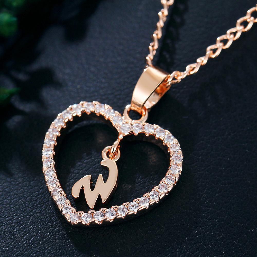 Heart Pendant Zircon Letter Necklace - 26 Letters Available