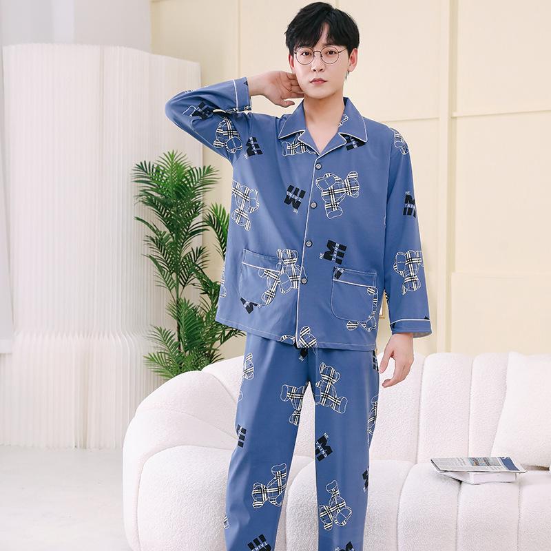 Men's Printed Long Sleeve Knit Cotton Pajama Set with Cardigan Lapel for Spring, Autumn, Winter