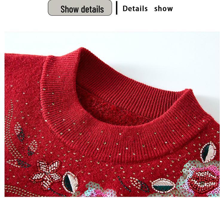 Mom's Velvet One-Piece Sweater for Women - Warm Embroidered Top for Middle-Aged & Elderly Women, Plus Velvet & Thickened for Autumn/Winter.